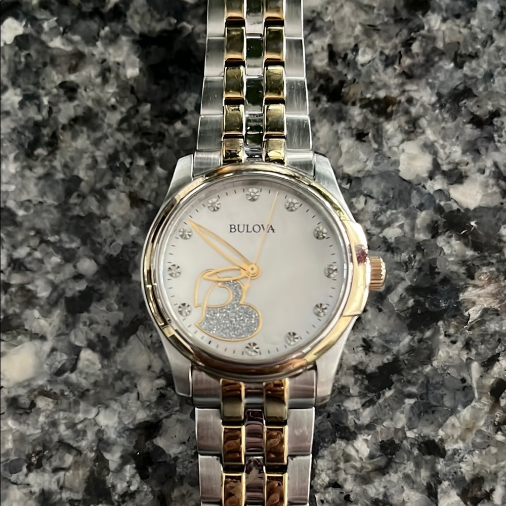 Bulova Silver and Gold Dress Watch Elegant Two-Tone Design with Heart.